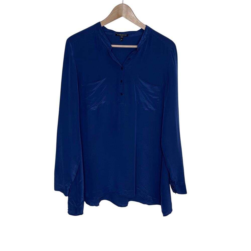 Eileen Fisher Petites 100% Silk Tunic Blouse PL Cobalt Blue Long Sleeve Pocket